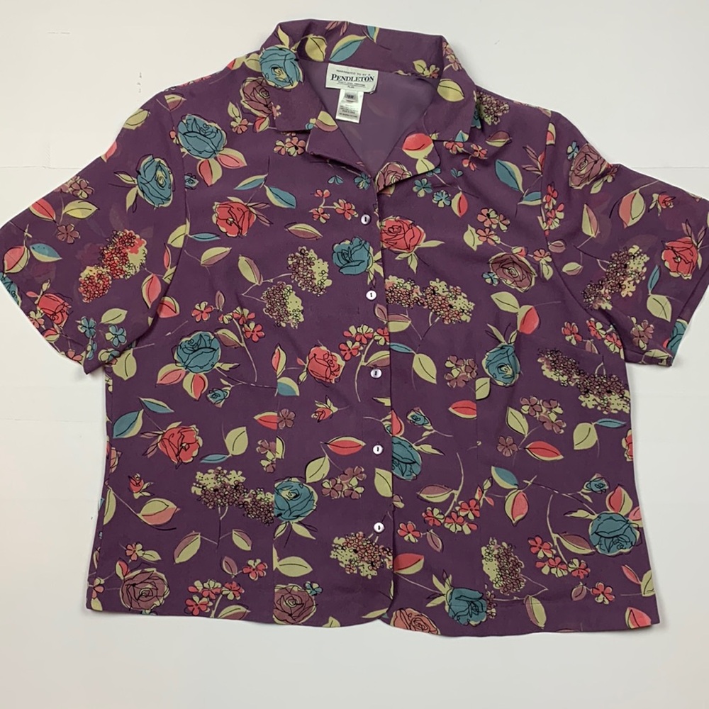 Pendleton Vintage Purple Top Floral Button Down Short Sleeves Size 16
